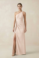 Sheath One - Shoulder Ruched Bridesmaid Dress With Slit in Buttercream - KissProm Bridesmaid Dresses