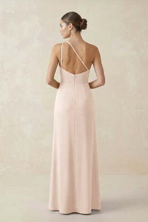 Sheath One - Shoulder Ruched Bridesmaid Dress With Slit in Buttercream - KissProm Bridesmaid Dresses