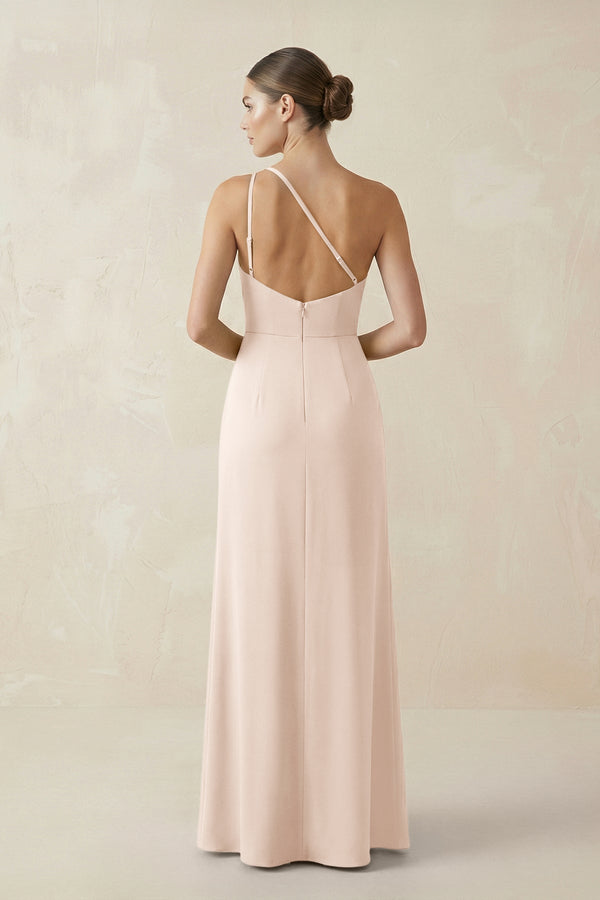 Sheath One - Shoulder Ruched Bridesmaid Dress With Slit in Buttercream - KissProm Bridesmaid Dresses