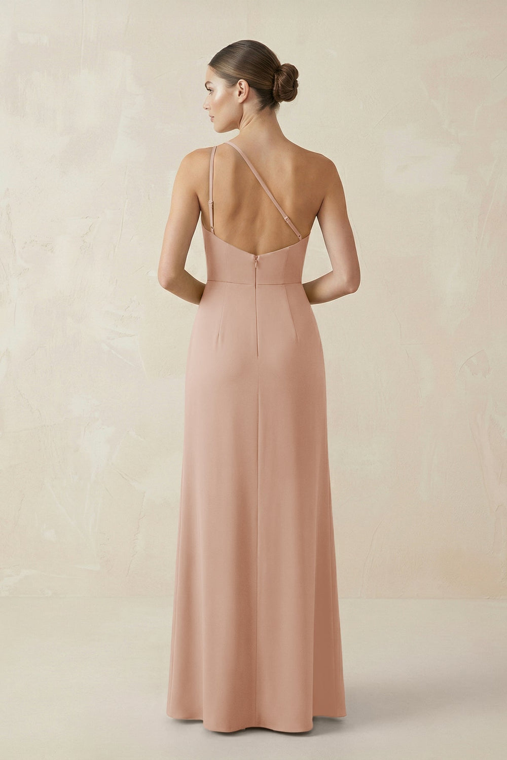 Sheath One - Shoulder Ruched Bridesmaid Dress With Slit in Champagne Rose - KissProm Bridesmaid Dresses