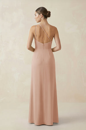 Sheath One - Shoulder Ruched Bridesmaid Dress With Slit in Champagne Rose - KissProm Bridesmaid Dresses