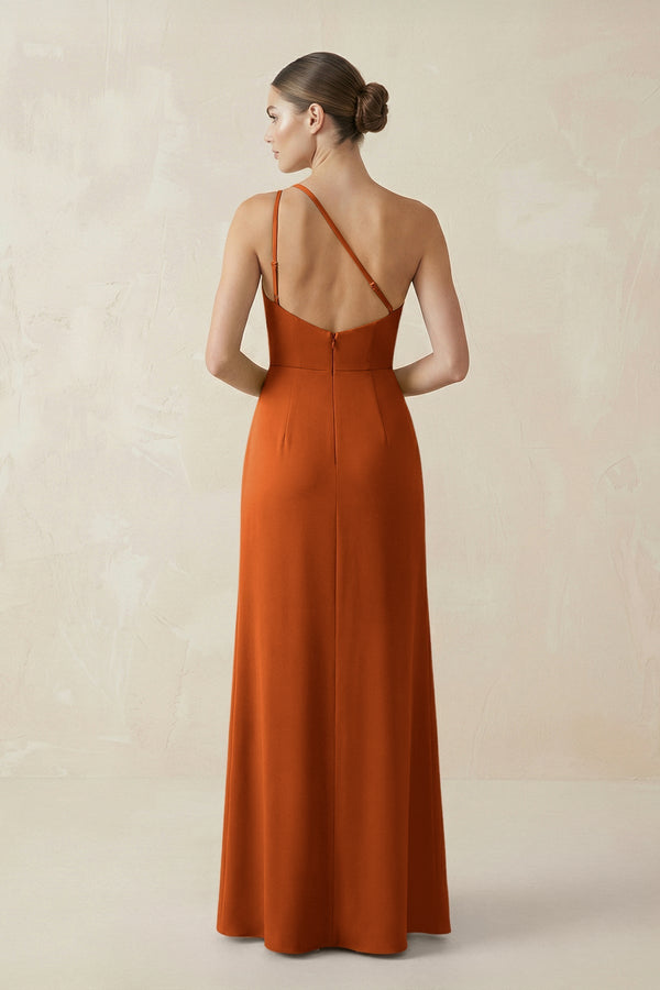 Sheath One - Shoulder Ruched Bridesmaid Dress With Slit in Cinnamon - KissProm Bridesmaid Dresses