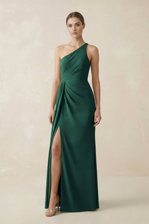 Sheath One - Shoulder Ruched Bridesmaid Dress With Slit in Dark Green - KissProm Bridesmaid Dresses