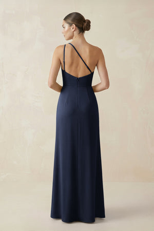 Sheath One - Shoulder Ruched Bridesmaid Dress With Slit in Dark Navy - KissProm Bridesmaid Dresses