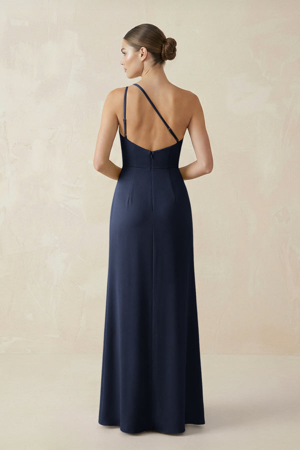 Sheath One - Shoulder Ruched Bridesmaid Dress With Slit in Dark Navy - KissProm Bridesmaid Dresses
