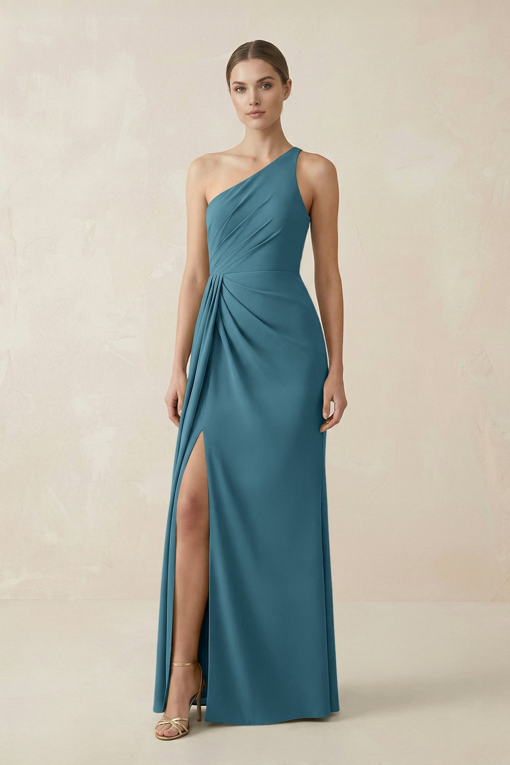 Sheath One - Shoulder Ruched Bridesmaid Dress With Slit in Dark Teal - KissProm Bridesmaid Dresses