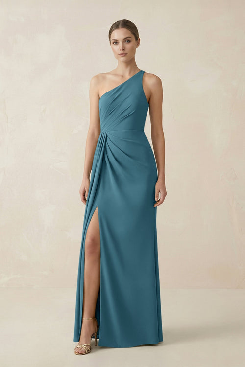 Sheath One - Shoulder Ruched Bridesmaid Dress With Slit in Dark Teal - KissProm Bridesmaid Dresses