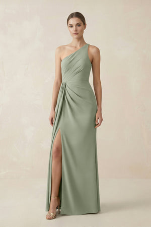 Sheath One - Shoulder Ruched Bridesmaid Dress With Slit in Dove Gray - KissProm Bridesmaid Dresses