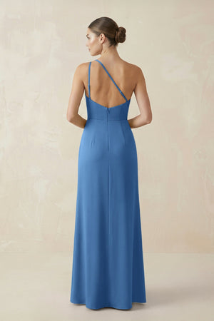 Sheath One - Shoulder Ruched Bridesmaid Dress With Slit in Dusty Blue - KissProm Bridesmaid Dresses