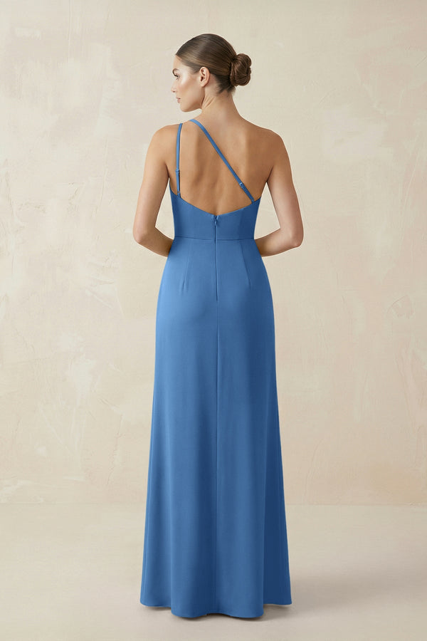 Sheath One - Shoulder Ruched Bridesmaid Dress With Slit in Dusty Blue - KissProm Bridesmaid Dresses