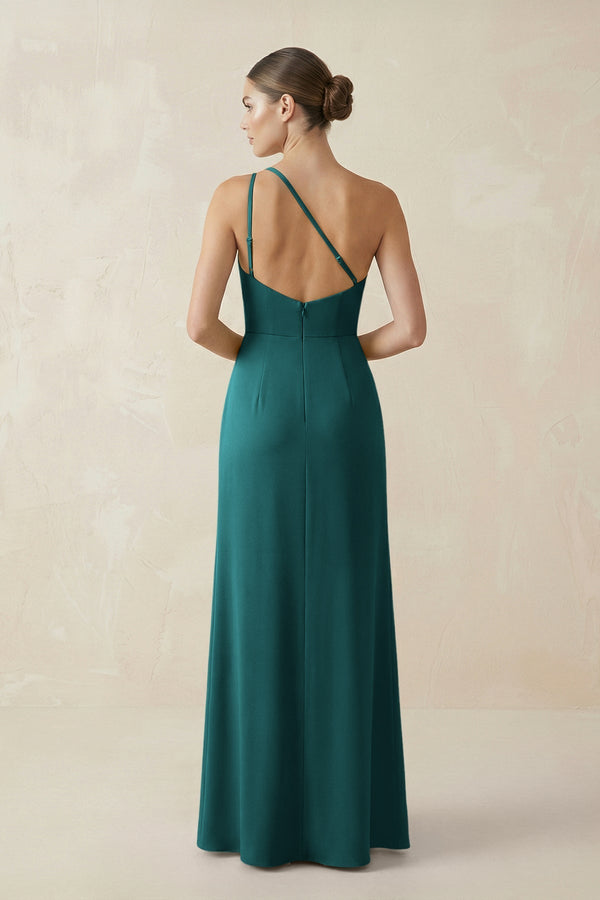 Sheath One - Shoulder Ruched Bridesmaid Dress With Slit in Emerald - KissProm Bridesmaid Dresses