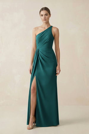 Sheath One - Shoulder Ruched Bridesmaid Dress With Slit in Emerald - KissProm Bridesmaid Dresses