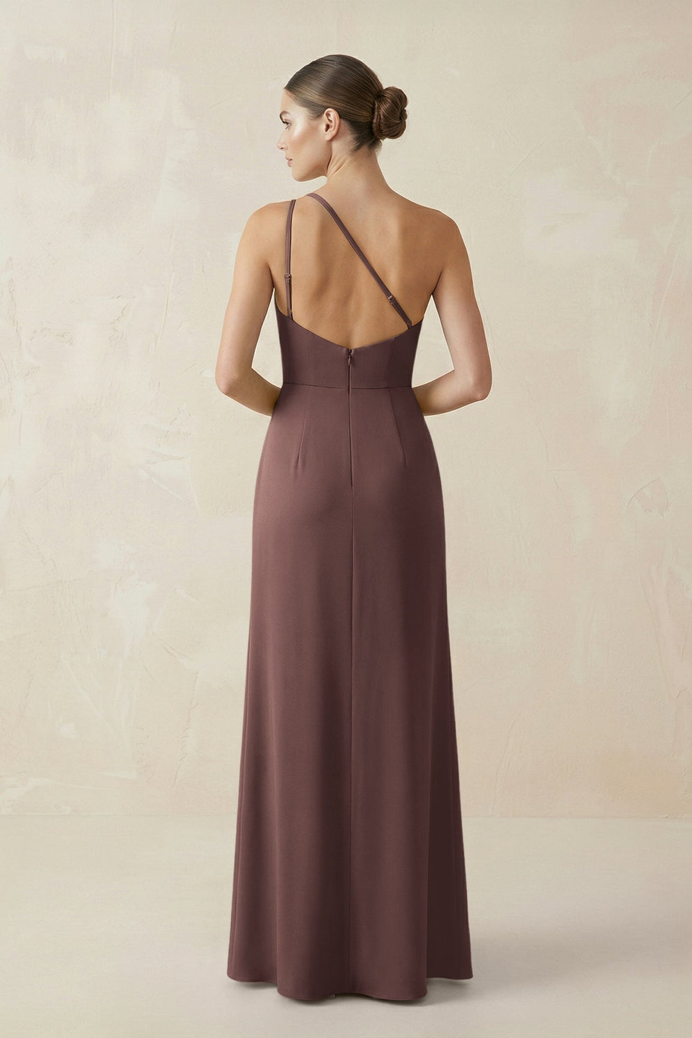 Sheath One - Shoulder Ruched Bridesmaid Dress With Slit in Espresso - KissProm Bridesmaid Dresses