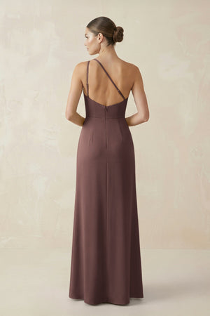 Sheath One - Shoulder Ruched Bridesmaid Dress With Slit in Espresso - KissProm Bridesmaid Dresses