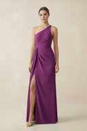 Sheath One - Shoulder Ruched Bridesmaid Dress With Slit in Fig - KissProm Bridesmaid Dresses