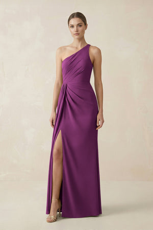 Sheath One - Shoulder Ruched Bridesmaid Dress With Slit in Fig - KissProm Bridesmaid Dresses