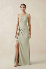 Sheath One - Shoulder Ruched Bridesmaid Dress With Slit in Frost - KissProm Bridesmaid Dresses