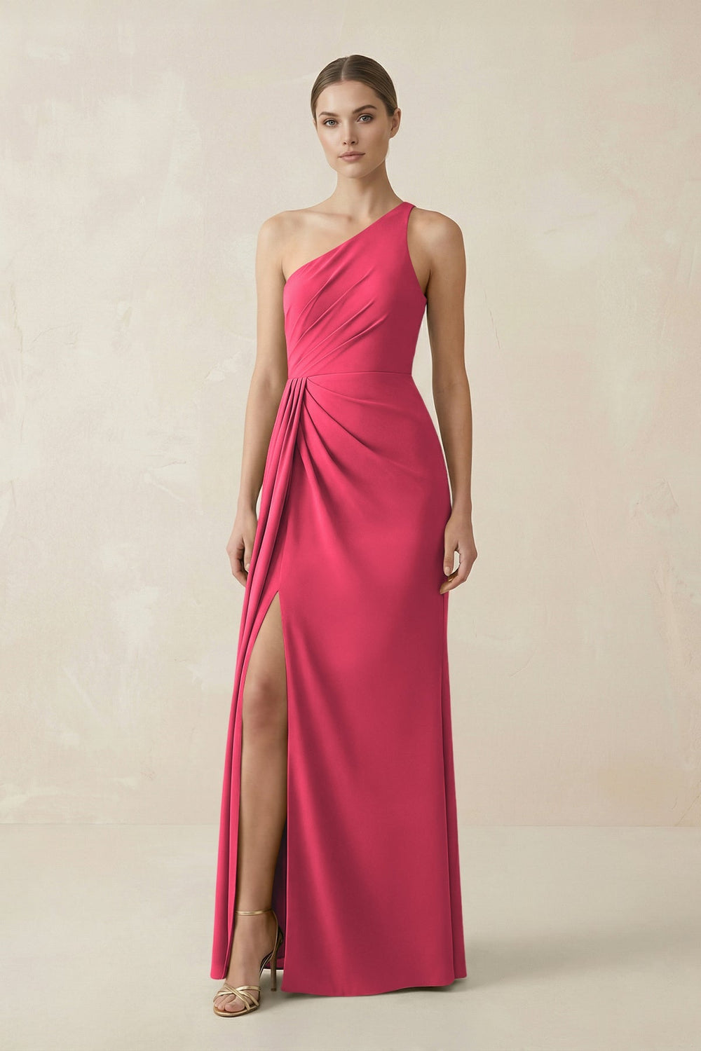 Sheath One - Shoulder Ruched Bridesmaid Dress With Slit in Fuchsia - KissProm Bridesmaid Dresses
