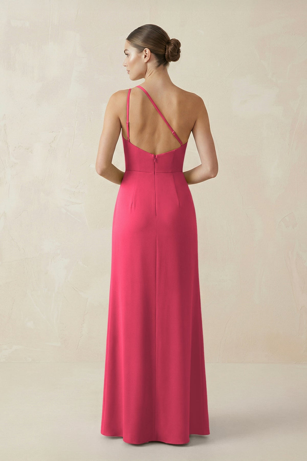 Sheath One - Shoulder Ruched Bridesmaid Dress With Slit in Fuchsia - KissProm Bridesmaid Dresses