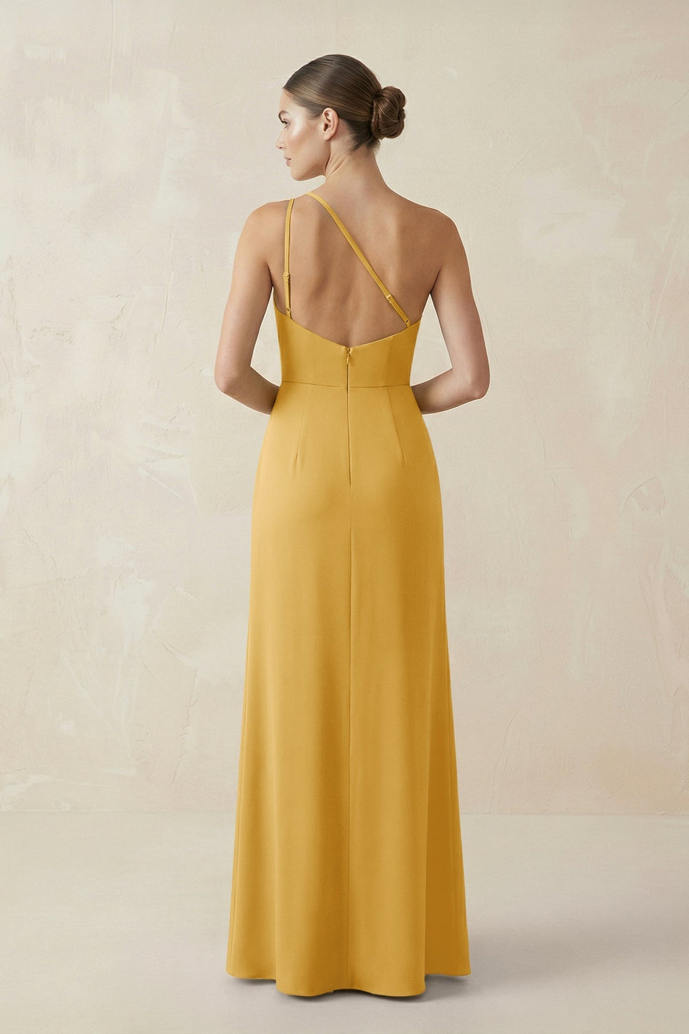 Sheath One - Shoulder Ruched Bridesmaid Dress With Slit in Gold - KissProm Bridesmaid Dresses