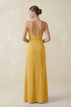Sheath One - Shoulder Ruched Bridesmaid Dress With Slit in Gold - KissProm Bridesmaid Dresses