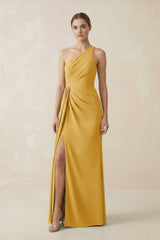 Sheath One - Shoulder Ruched Bridesmaid Dress With Slit in Gold - KissProm Bridesmaid Dresses