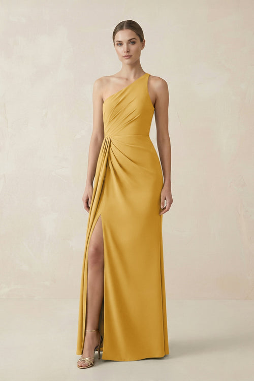 one shoulder gold bridesmaid dresses One Shoulder Chiffon Long Bridesmaid Dress with Split main image 0