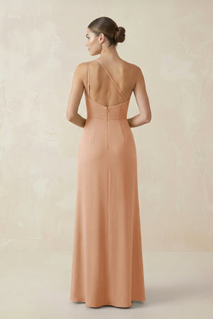 Sheath One - Shoulder Ruched Bridesmaid Dress With Slit in Golden Champagne - KissProm Bridesmaid Dresses