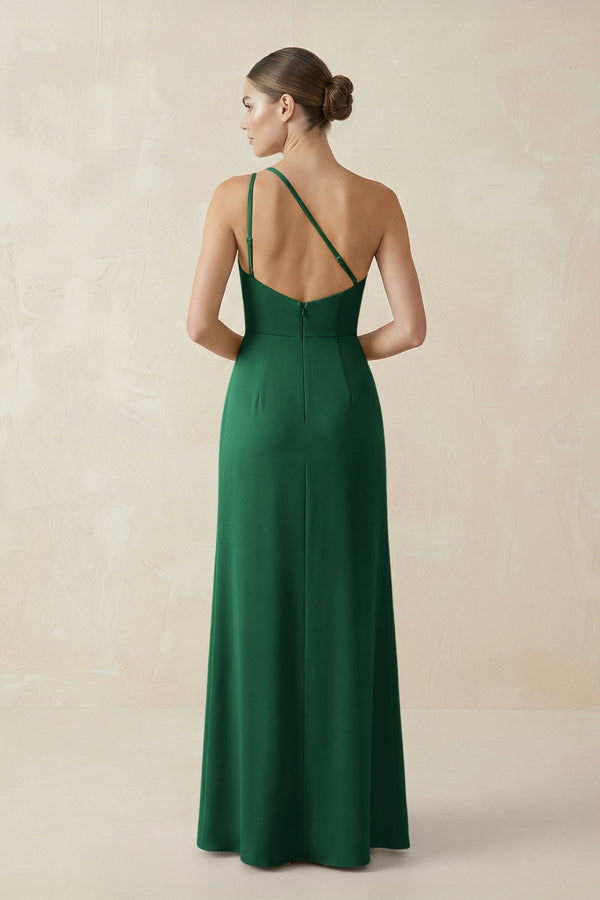 Sheath One - Shoulder Ruched Bridesmaid Dress With Slit in Green - KissProm Bridesmaid Dresses