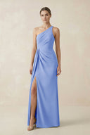 Sheath One - Shoulder Ruched Bridesmaid Dress With Slit in Ice - KissProm Bridesmaid Dresses