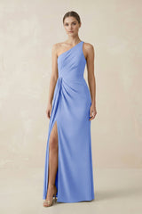 Sheath One - Shoulder Ruched Bridesmaid Dress With Slit in Ice - KissProm Bridesmaid Dresses