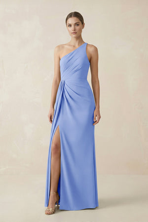 Sheath One - Shoulder Ruched Bridesmaid Dress With Slit in Ice - KissProm Bridesmaid Dresses