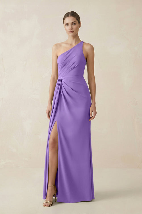 KissProm | One-Shoulder Sheath Ruched Bridesmaid Dress With Slit in Lilac KissProm | One-Shoulder Sheath Ruched Bridesmaid Dress With Slit in Lilac