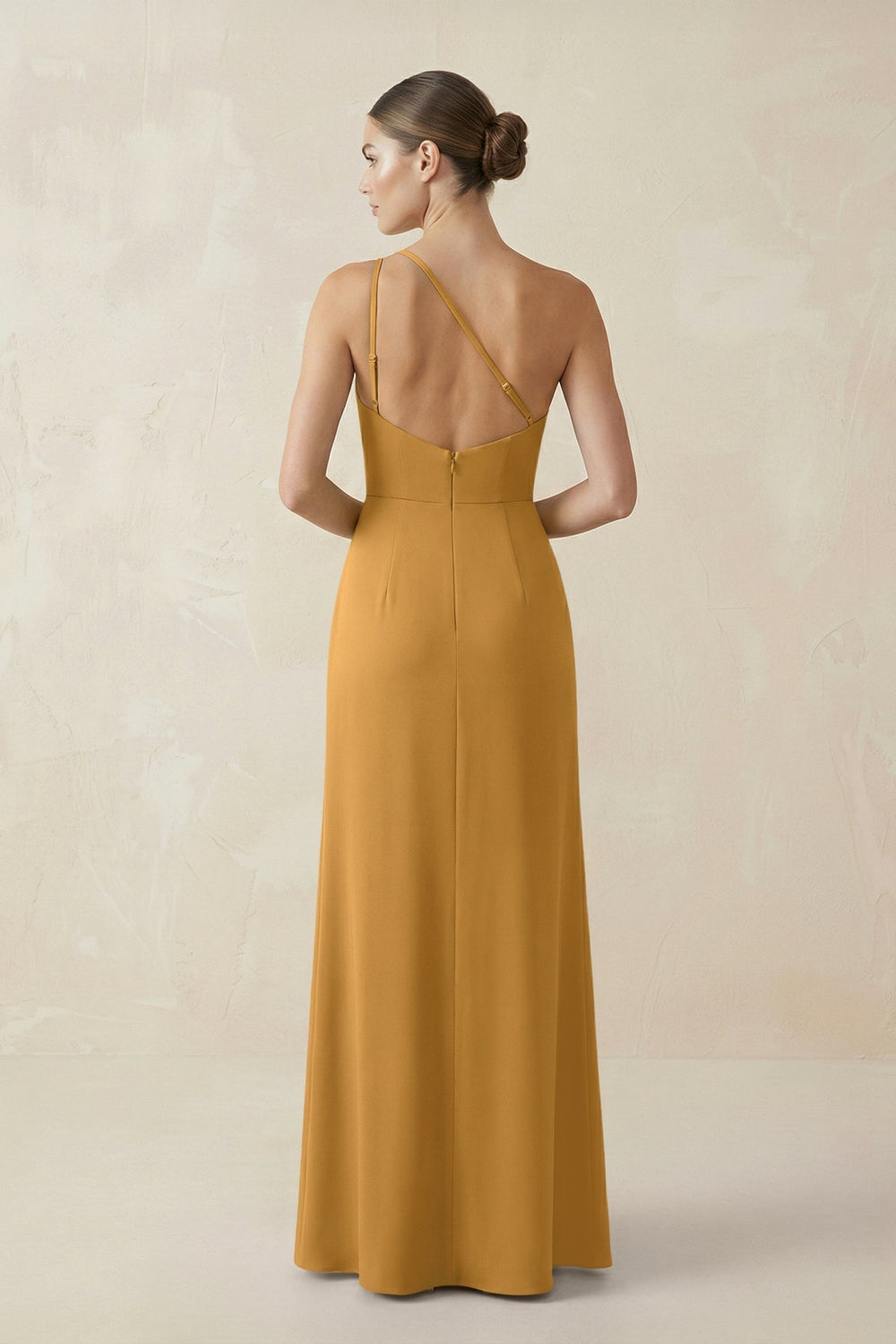 Sheath One - Shoulder Ruched Bridesmaid Dress With Slit in Marigold - KissProm Bridesmaid Dresses