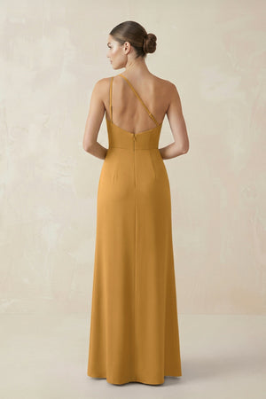 Sheath One - Shoulder Ruched Bridesmaid Dress With Slit in Marigold - KissProm Bridesmaid Dresses