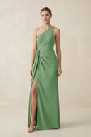 Sheath One - Shoulder Ruched Bridesmaid Dress With Slit in Matcha - KissProm Bridesmaid Dresses