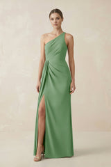 Sheath One - Shoulder Ruched Bridesmaid Dress With Slit in Matcha - KissProm Bridesmaid Dresses