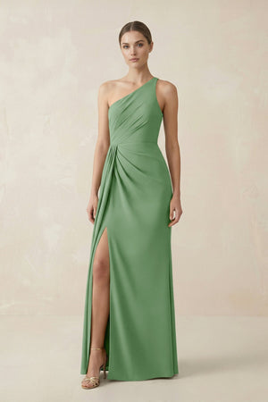 Sheath One - Shoulder Ruched Bridesmaid Dress With Slit in Matcha - KissProm Bridesmaid Dresses