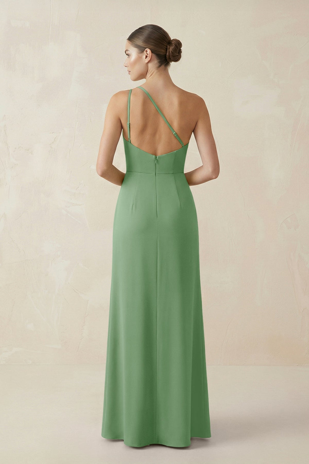Sheath One - Shoulder Ruched Bridesmaid Dress With Slit in Matcha - KissProm Bridesmaid Dresses