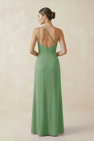 Sheath One - Shoulder Ruched Bridesmaid Dress With Slit in Matcha - KissProm Bridesmaid Dresses