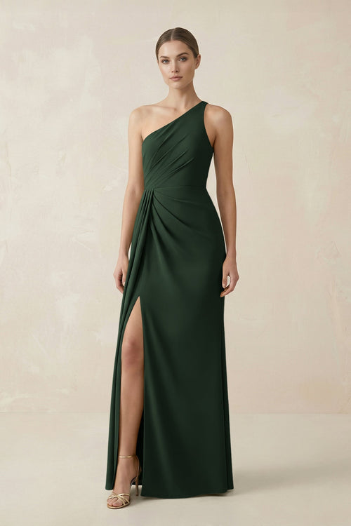 Sheath One - Shoulder Ruched Bridesmaid Dress With Slit in Moss - KissProm Bridesmaid Dresses