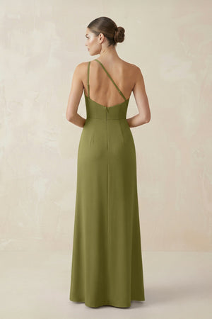 Sheath One - Shoulder Ruched Bridesmaid Dress With Slit in Moss Green - KissProm Bridesmaid Dresses