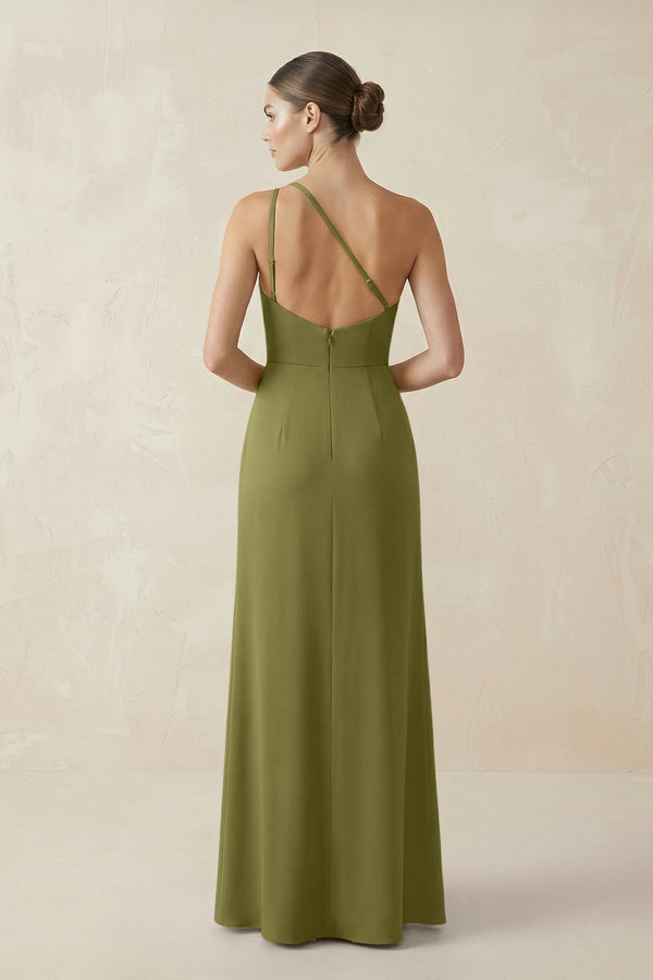 Sheath One - Shoulder Ruched Bridesmaid Dress With Slit in Moss Green - KissProm Bridesmaid Dresses