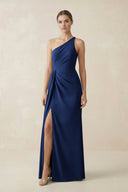 Sheath One - Shoulder Ruched Bridesmaid Dress With Slit in Navy - KissProm Bridesmaid Dresses