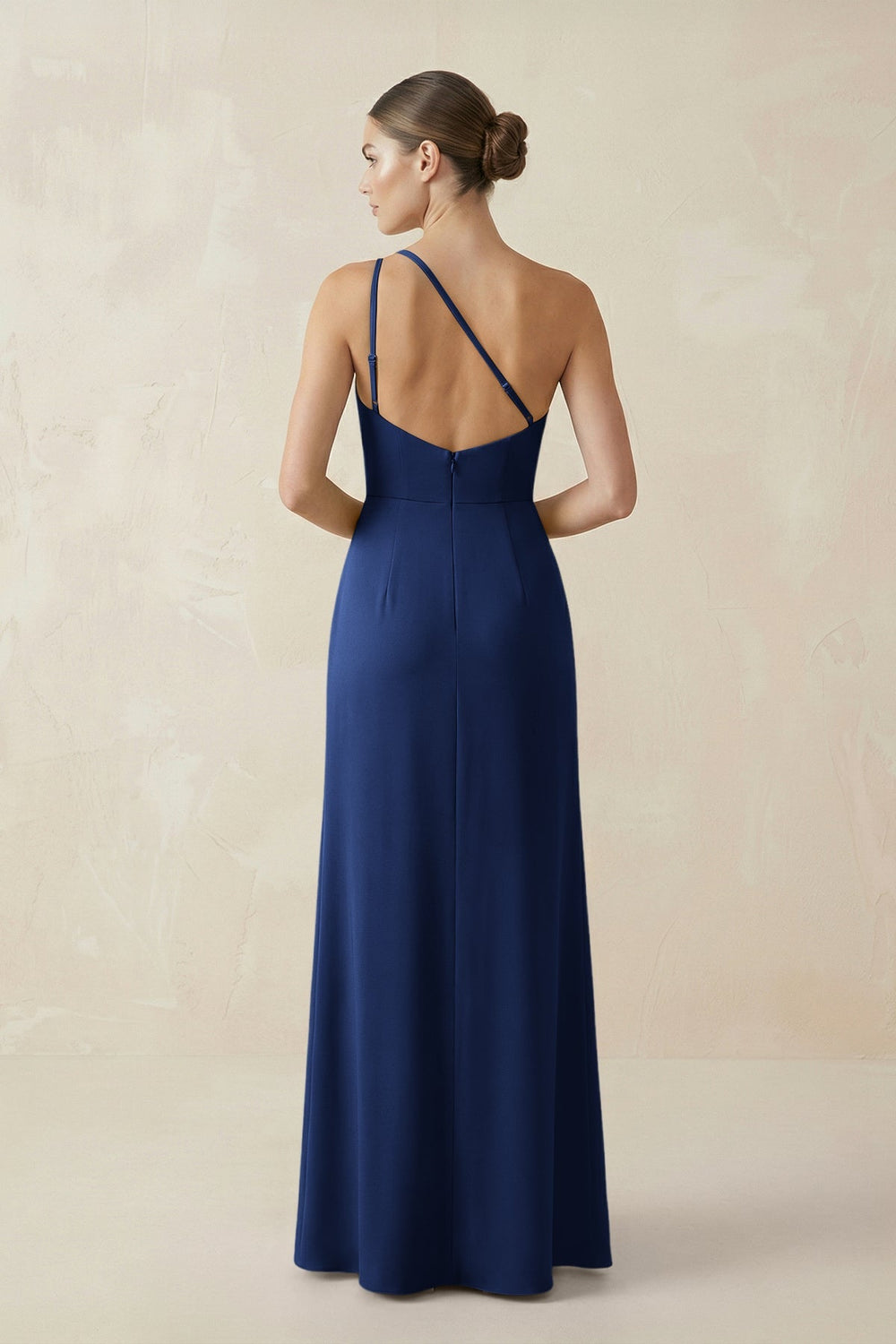 Sheath One - Shoulder Ruched Bridesmaid Dress With Slit in Navy - KissProm Bridesmaid Dresses