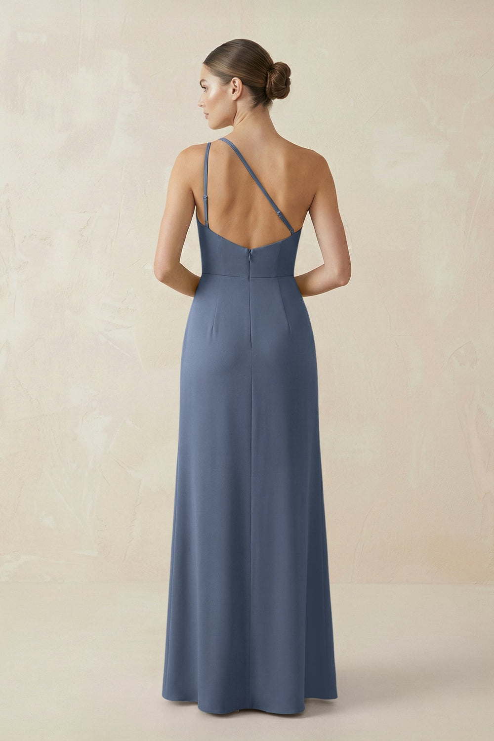 Sheath One - Shoulder Ruched Bridesmaid Dress With Slit in Neptune - KissProm Bridesmaid Dresses