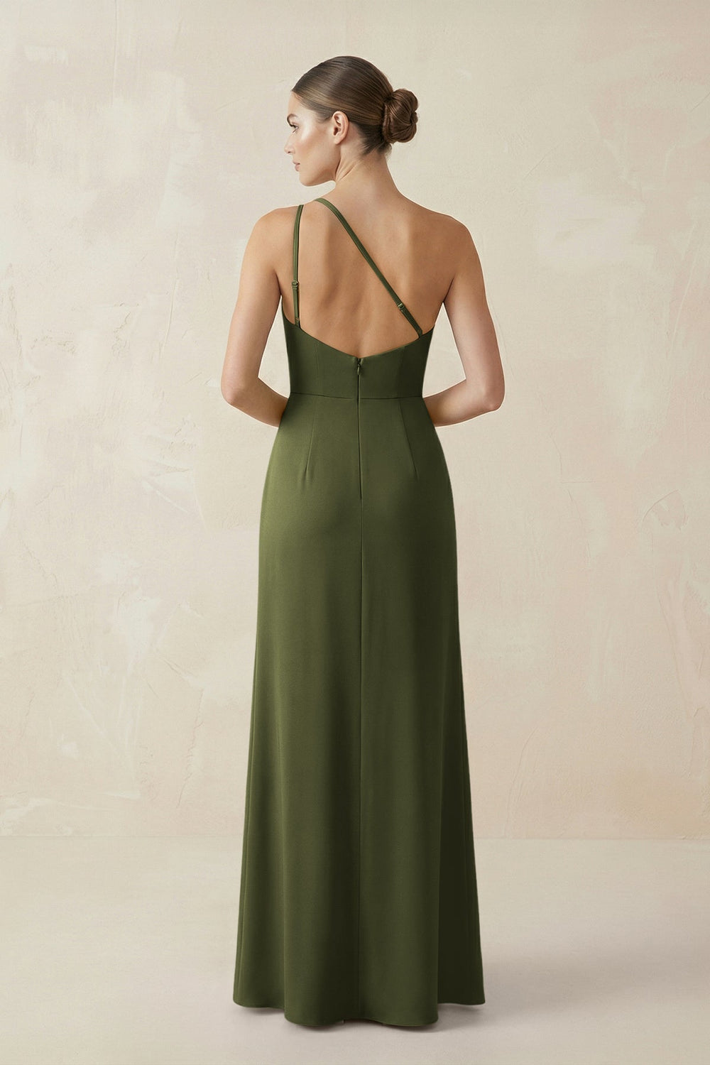 Sheath One - Shoulder Ruched Bridesmaid Dress With Slit in Olive - KissProm Bridesmaid Dresses