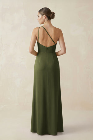 Sheath One - Shoulder Ruched Bridesmaid Dress With Slit in Olive - KissProm Bridesmaid Dresses