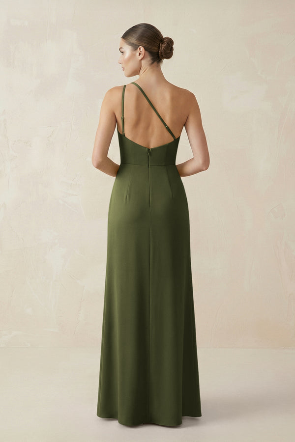 Sheath One - Shoulder Ruched Bridesmaid Dress With Slit in Olive - KissProm Bridesmaid Dresses