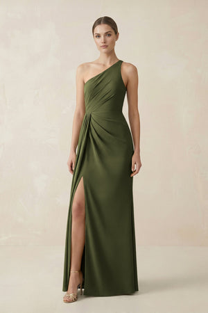 Sheath One - Shoulder Ruched Bridesmaid Dress With Slit in Olive - KissProm Bridesmaid Dresses